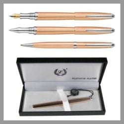 Your choice of fountain pen, roller ball pen, or ballpoint pen in the popular rose gold color. Each are custom engraved to personalize your next remarkable gift.